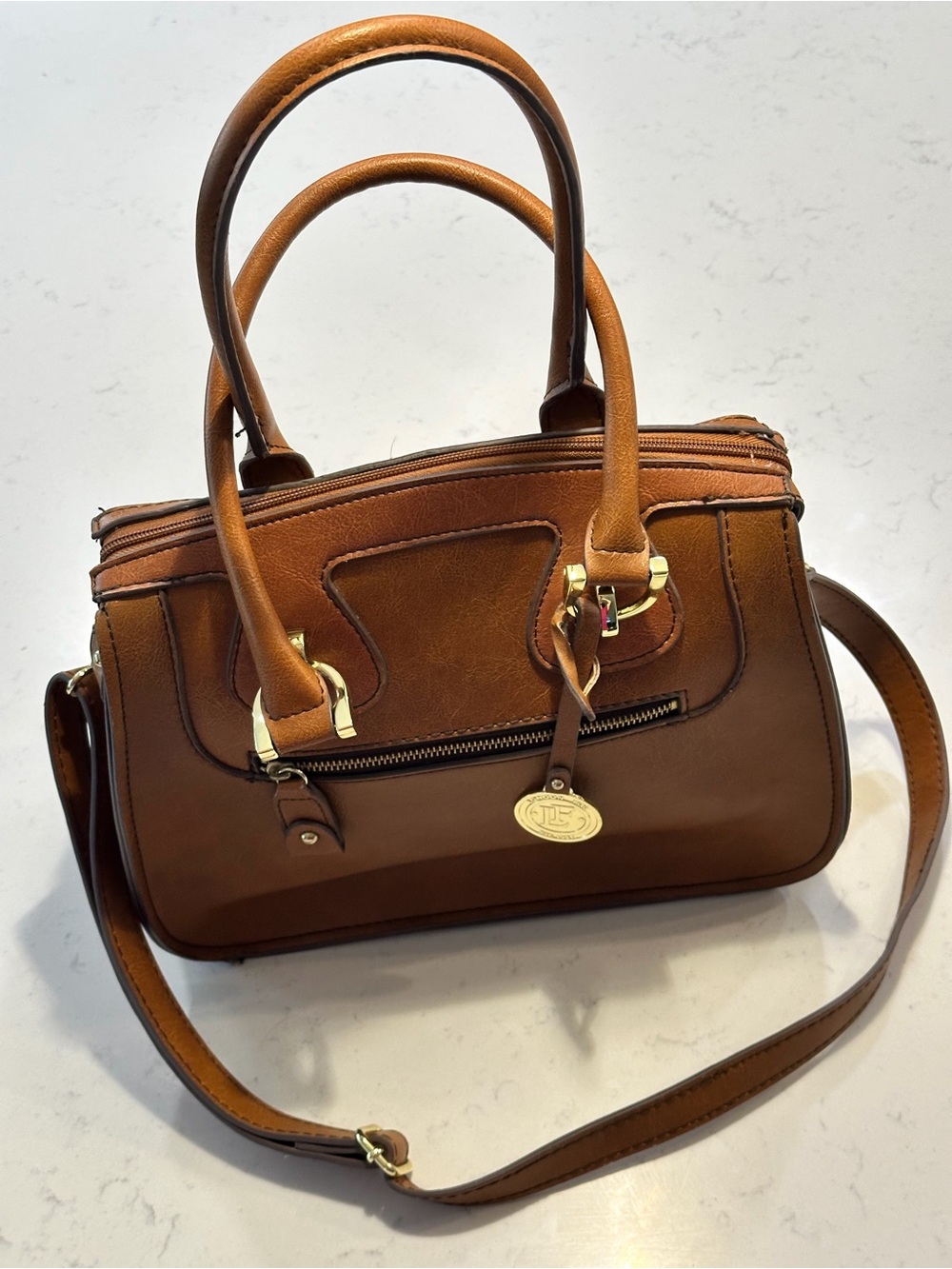 London Fog Structured Leather Brown Satchel with Detachable Strap